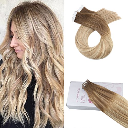 Product Cover Moresoo 20inch Tape in Hair Extensions Remy Human Hair Tape on Hair Extensions 20pcs 50G Seamless Tape in Hair Extensions Colored #6 Brown Fading to #14 Blonde and #26 Blonde Glue on Hair