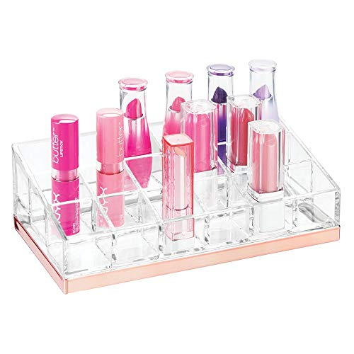 Product Cover mDesign Plastic Makeup Organizer Storage Tray with 18 Sections for Bathroom Countertops, Vanities to Hold Lipstick, Lip Gloss, Concealers, Mascara, Short Eye and Lip Pencils - Clear/Rose Gold