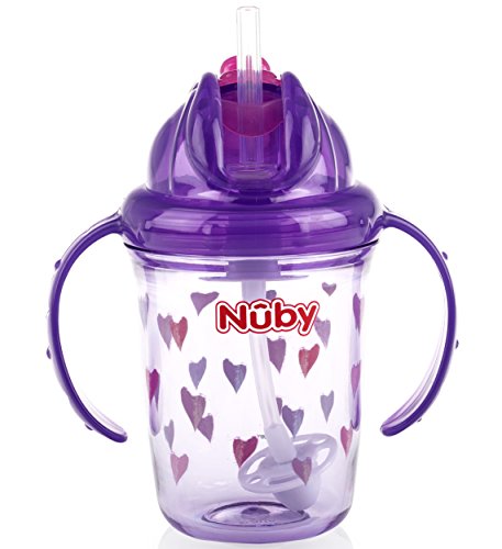 Product Cover Nuby 2-Handle Printed No-Spill Thin Flip-It W/360 Weighted Straw Cup, Hearts/Purple