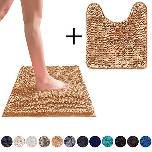 Product Cover DEARTOWN Non-Slip Shaggy Bathroom Rug,Soft Microfibers Chenille Bath Mat with Water Absorbent, Machine Washable(2 Pieces:20x32+20x24U,Marzipan)