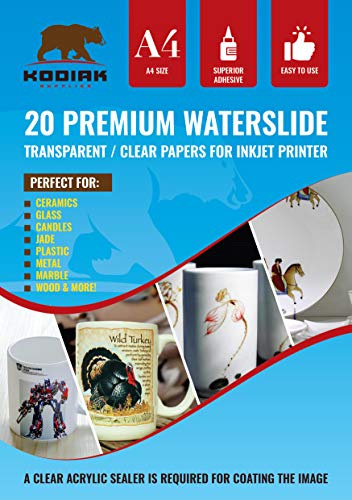 Product Cover Kodiak Supplies A4 Waterslide Decal Paper INKJET Clear - 20 Sheets - DIY A4 water slide Transfer CLEAR Printable Water Slide Decals A4 20 Sheets (B07CZ76391)