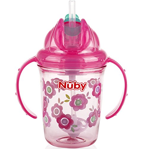 Product Cover Nuby 2-Handle Printed No-Spill Thin Flip-It W/360 Weighted Straw Cup, Flowers/Pink