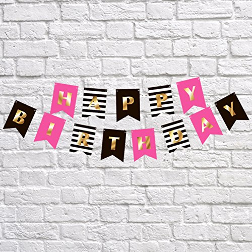Product Cover Premium Happy Birthday Banner Party Decorations | Bunting Garland | Hot Pink Gold Black White | Chic Kate Spade Inspired | First, 10th, 18th, 21st, 30th, 40th, 50th, 60th etc | for Girls, Women