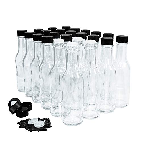 Product Cover (24 Pack) 5 oz. Clear Glass Hot Sauce Bottle (woozy) with Black Cap + Shrink band and Orifice Reducer