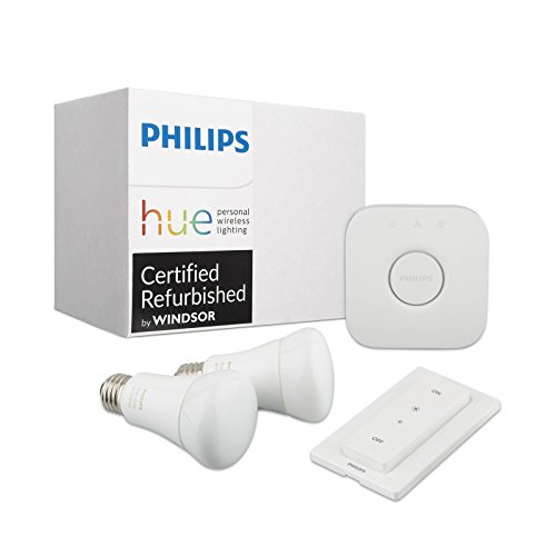 Product Cover Philips Hue White Ambiance Smart Light Bulb Starter Kit (2 A19 Bulbs, 1 Bridge, and 1 Dimmer Switch, Compatible with Alexa, Apple HomeKit, and Google Assistant) (Renewed)