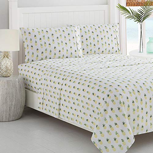 Product Cover Caribbean Joe Ultra-Soft Double Brushed 4-Piece Microfiber Sheet Set Beautiful Tropical Patterns, and Vibrant Solid Colors, Luxury, All-Season Bed Sheet Set - Pineapple, Queen