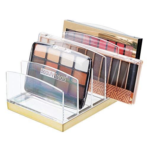 Product Cover mDesign Plastic Makeup Organizer for Bathroom Countertops, Vanities, Cabinets: Cosmetics Storage Solution for - Eyeshadow Palettes, Contour Kits, Blush, Face Powder - 5 Sections - Clear/Soft Brass
