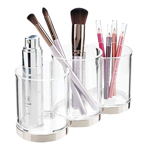 Product Cover mDesign Plastic Makeup Organizer Cup with 3 Sections for Bathroom Vanity Countertops or Cabinet: Stores - Makeup Brushes, Eye and Lip Pencils, Lipstick, Lip Gloss, Concealers - Clear/Brushed