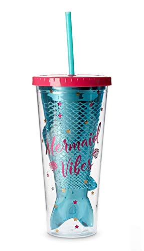 Product Cover Mermaid Insulated Plastic Tumbler Cup: Tri-Coastal Design Reusable Shatterproof Drinking Glass Tumblerswith Lid & Straw - Double Wall BPA Free Dishwasher Safe Glassware Cups - Mermaid Vibes