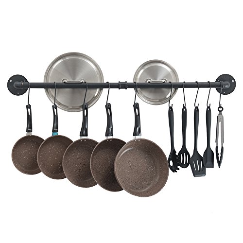 Product Cover Oropy 39 inch Pot Bar Rack Wall Mounted Detachable Pans Hanging Rail Kitchen Lids Utensils Hanger with 14 S Hooks Black