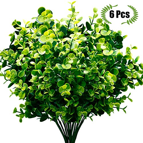 Product Cover TEMCHY Artificial Plants Faux Boxwood Shrubs 6 Pack, Lifelike Fake Greenery Foliage with 42 Stems for Garden, Patio Yard, Wedding, Office and Farmhouse Indoor Outdoor Decor