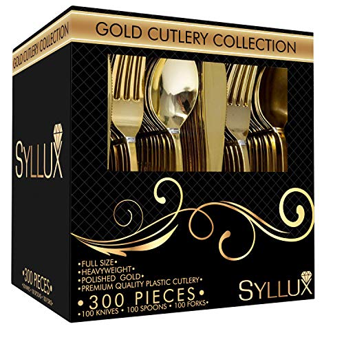 Product Cover Syllux Gold Plastic Silverware, BPA Free 100 Knives, 100 Forks, 100 Spoons