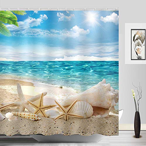 Product Cover Sylbapestry Beach Shower Curtain Fabric Washable Seashell Starfish Bathroom Decor Digital Printed No-Fade Blue