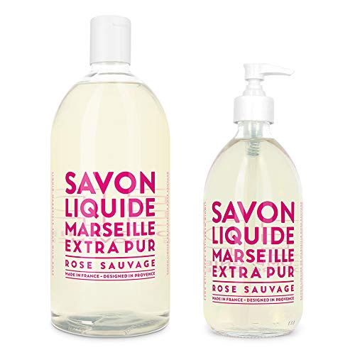 Product Cover Compagnie de Provence Savon de Marseille Extra Pure Liquid Soap - Wild Rose - 16.9 Fl Oz Glass Pump Bottle and 33.8 fl oz Plastic Bottle Refill