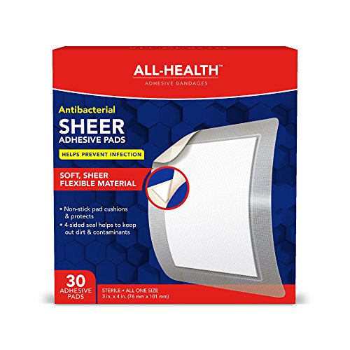 Product Cover All-Health Antibacterial Sheer Adhesive Pad Bandages, 3 in x 4 in, 30 ct | Helps Prevent Infection, Extra Large Comfortable Protection for First Aid and Wound Care