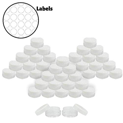 Product Cover Houseables 3 Gram Jar, 3 ML Jar, 50 pcs, BPA Free, Cosmetic Sample Empty Container, White, Plastic, Round Pot White Screw Cap Lid, Small Tiny 3g Bottle, for Make Up, Eye Shadow, Nails, Powder, Jewelry