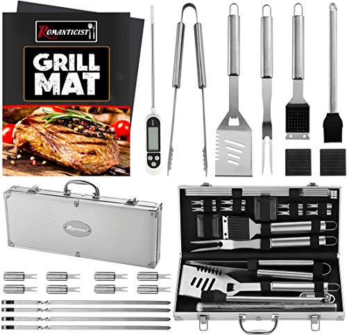 Product Cover ROMANTICIST 23pc Must-Have BBQ Grill Accessories Set with Thermometer in Case - Stainless Steel Barbecue Tool Set with 2 Grill Mats for Backyard Outdoor Camping - Best Grill Gift for on Christmas