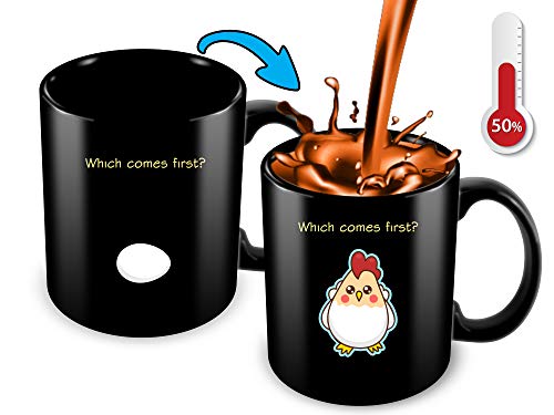 Product Cover Heat Changing Mug | Funny Coffee Mug | Which Comes First The Chicken Or The Egg | Funny Gift Idea - Funny Chicken Mug - 11 Oz Ceramic Color Changing Mug Great Christmas Gift Idea