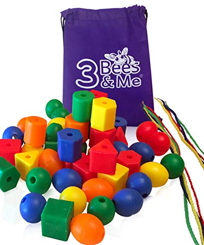 Product Cover 3 bees & me Toddler Learning Toys - 50 Jumbo Lacing Beads for Toddlers and Kids - Educational Color Sorting & Shape Activities - fine Motor Skills Toy