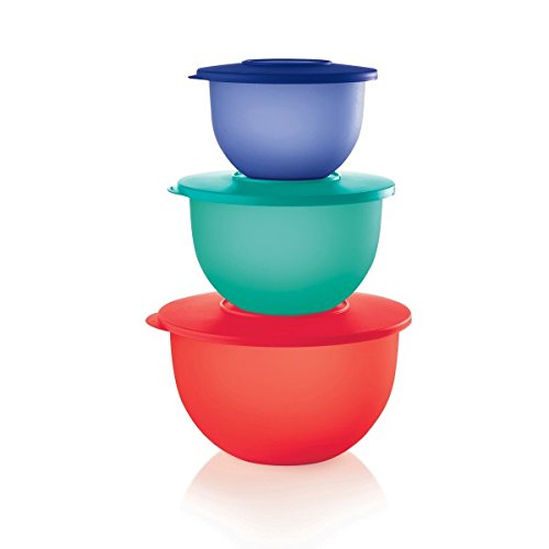 Product Cover Tupperware Set of 3 Impressions Classic Nesting Bowls in 5.5, 10 & 18 Cup Sizes - Tokyo Blue, Parrotfish, Emberglow