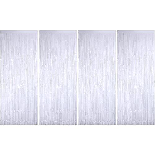 Product Cover Sumind 4 Pack Foil Curtains Metallic Fringe Curtains Shimmer Curtain for Birthday Wedding Party Christmas Decorations (White)