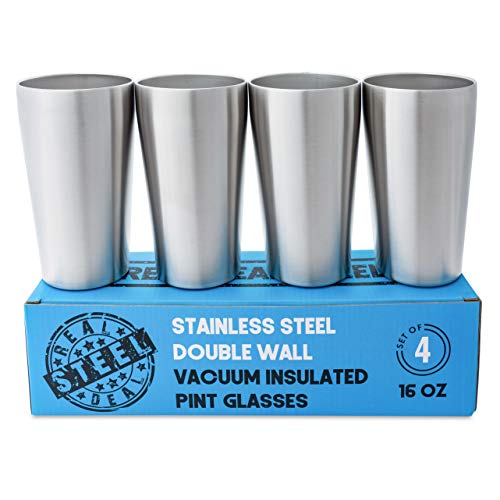 Product Cover Stainless Steel Pint Glasses: Double Wall Vacuum Copper Insulated Metal Cups to Keep Drinks Cold or Hot - Rimless, Sweat Free Beer Tumbler for Cocktails, Coffee, Smoothies & More, Set of 4, 16 oz
