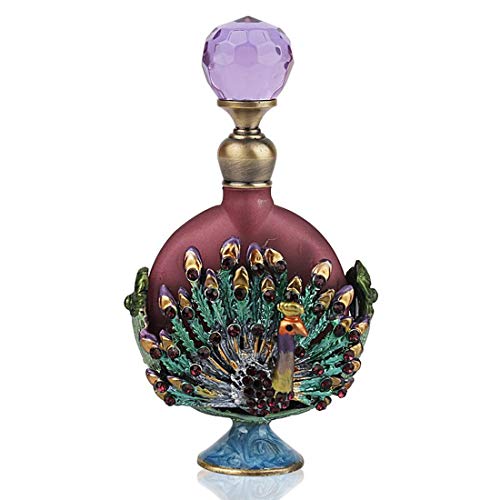 Product Cover YU FENG Pewter Peacock Figurine Perfume Bottle Heart Shaped Jewelry Frosted Purple Mini Scented Fragrance Container