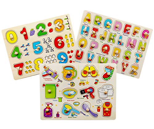 Product Cover Toddler Puzzles Wooden Peg Puzzles for Toddlers 2 3 4 5 Years Old (Set of 3) - Numbers, Alphabet and Objects Puzzle by Wallxin