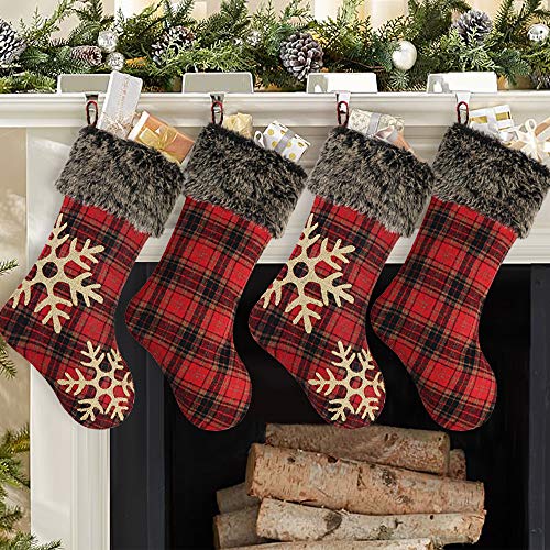 Product Cover Ivenf Christmas Stockings, 4 Pcs 18 inches Burlap with Large Plaid Snowflake and Plush Faux Fur Cuff Stockings, for Family Holiday Xmas Party Decorations