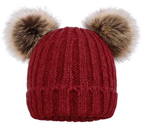 Product Cover Simplicity Womens Beanie Winter Cable Knit Faux Fur Pompom Ears Beanie Hat