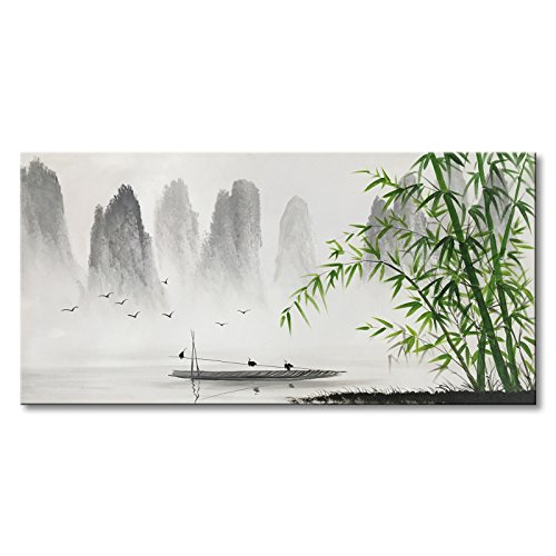 Product Cover Traditional Chinese Painting Black and White Landscape Canvas Wall Art Bamboo Artwork