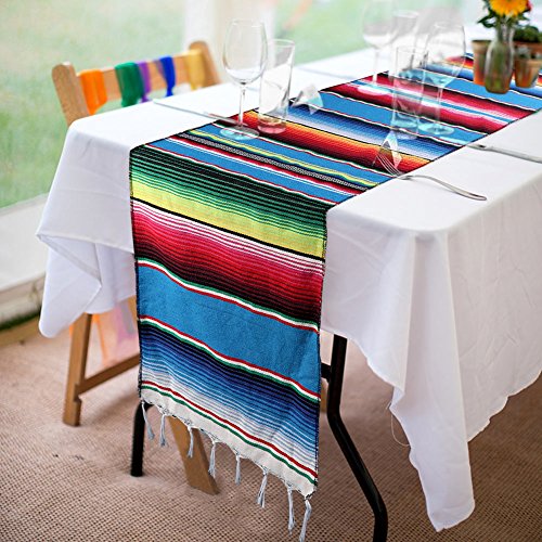 Product Cover OurWarm Mexican Table Runner Handwoven Fringe Cotton Serape Blanket Table Runners, Colorful Mexican Stripe Table Runner for Mexican Party Decorations Fiesta Party Supplies, 14in x 84in
