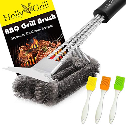 Product Cover HollyGrill Safe Grill Brush and Scraper | Heavy Duty 18'' BBQ Brush with Stiff Bristles | No Pieces Come Off | 100% Rust Resistant Stainless Steel Barbecue Brush | Great Weber Grill Accessories Gift