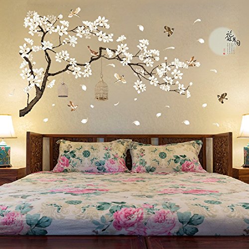 Product Cover Amaonm Chinese Style White Flowers Black Tree and Flying Birds Wall Stickers Removable DIY Wall Art Decor Decals Murals for Offices Home Walls Bedroom Study Room Wall Decaoration, Set of 2, 50
