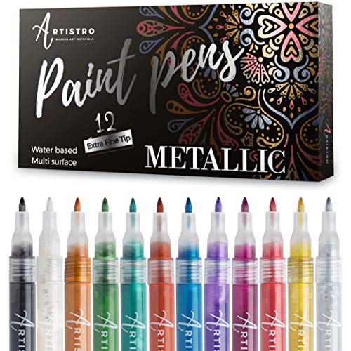 Product Cover Metallic Paint Pens for Rock Painting, Stone, Ceramic, Glass, Wood, Fabric, Scrapbook Journals, Photo Albums, Card Stocks Set of 12 Acrylic Paint Markers Extra-Fine Tip 0.7mm