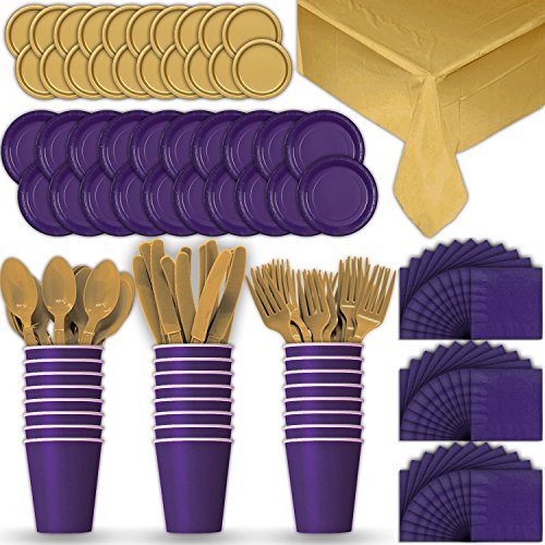 Product Cover Paper Tableware Set for 24 - Purple & Gold - Dinner and Dessert Plates, Cups, Napkins, Cutlery (Spoons, Forks, Knives), and Tablecloths - Full Two-Tone Party Supplies Pack