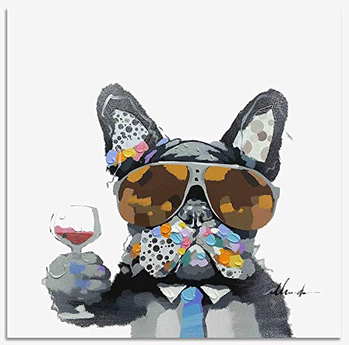 Product Cover Bignut Art Oil Painting Hand Painted Funny Animal Wine and Dog Cool Wall Art on Canvas Framed Wall Decor for Living Room Bedroom Office (24x24 Inches, Wine Dog)
