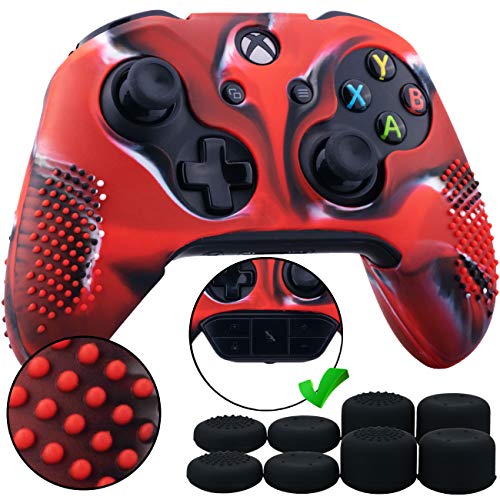 Product Cover 9CDeer 1 Piece of Studded Protective Silicone Cover Skin Sleeve Case + 8 Thumb Grips Analog Caps for Xbox One/S/X Controller Camouflage Red Compatible with Official Stereo Headset Adapter