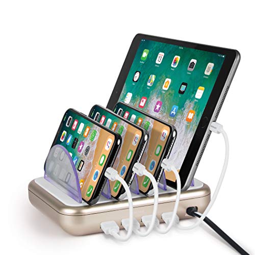 Product Cover Merkury Innovations 4.8 Amp 4-Port USB Charging Station Fast Charge Docking Station for Multiple Devices - Multi Device Charger Organizer - Compatible with Apple iPad iPhone and Android (White/Gold)