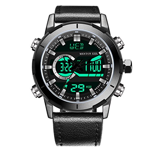 Product Cover Menton Ezil Mens Tactical Watch Unique Sport Digital Analog 50M Waterproof Square Dial Big Face Watches LED Backlight Display Alarm Stopwatch Wristwatch with Black Leather Strap
