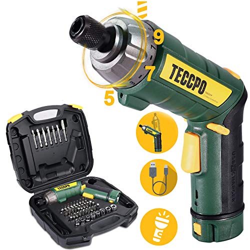 Product Cover Cordless Screwdriver, 6Nm TECCPO Electric Screwdriver, 4V 2000mAh Li-ion, with 45 Free Accessories, 9+1 Torque Gears, Adjustable 2 Position Handle with LED, USB Rechargeable - TECCPO TDSC01P