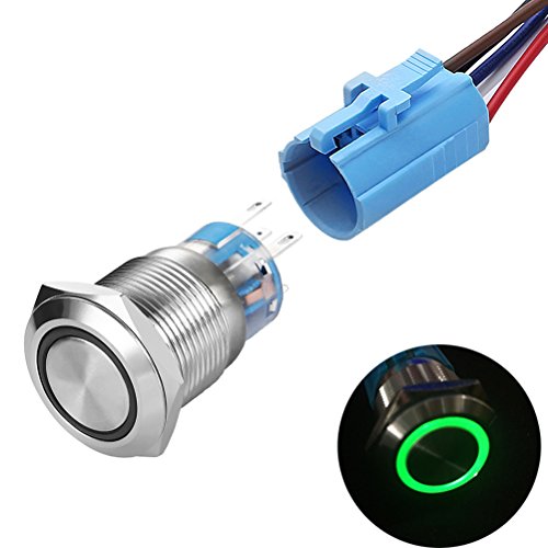 Product Cover Quentacy Momentary Push Button Switch 1NO1NC Waterproof Silver Stainless Steel Shell 12V LED Ring Switch with Wire Socket Plug Suitable for 19mm 3/4 Mounting Hole (Green)