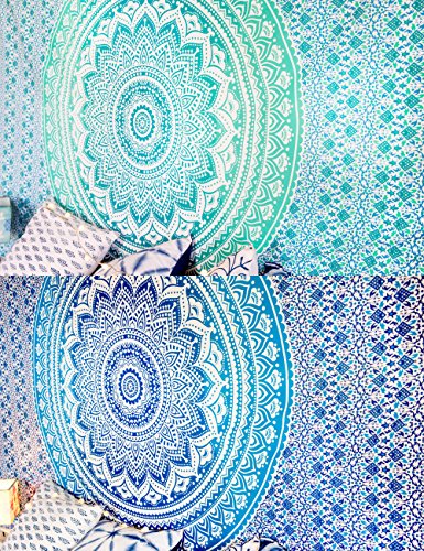 Product Cover Set of 2 Boho Tapestry or Mandala Tapestry Wall Hanging Indian Hippie Tapestry Bohemian Blanket or Table Cover or Tablecloth Beach Towel Meditation Yoga Mat - Twin Size - 55x85, Blue and Green