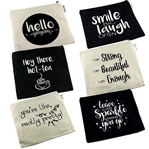 Product Cover Positive Messages Canvas Cosmetic Bag and Travel Makeup Zipper Pouch Organizer Set For Wedding Bridesmaids or Direct Marketing Gifts 8.5 x 7.5 Inches (6 Pack)