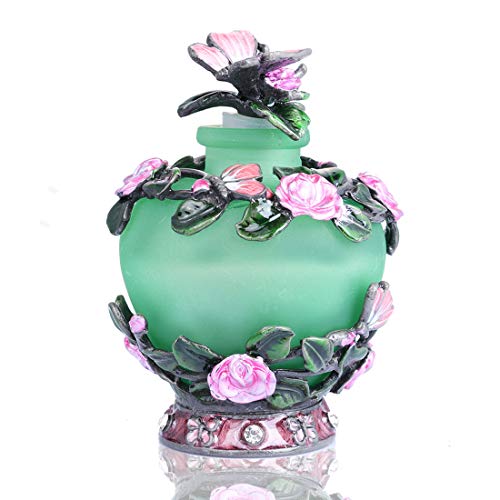 Product Cover YUFENG Decorative Vintage Frosted Glass Perfume Bottle w/Fancy Flower Decor - Retro Green Empty Perfume Bottle Refillable w/Pretty Stopper w/Butterfly Figurine