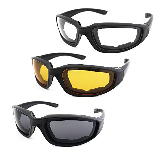 Product Cover 3 Pair Motorcycle Riding Glasses Padding Goggles UV Protection Dustproof Windproof Motorcycle Sunglasses with Clear Smoke Yellow Lens for Outdoor Sports Actives