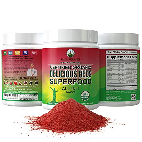 Product Cover Organic Reds Superfood Powder. Best Tasting Organic Red Juice Super Food with 25+ All Natural Ingredients and Polyphenols. Vital for Max Energy and Detox. Raspberry, Elderberry, Beetroot