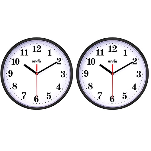 Product Cover 2 Pack Silent Non Ticking Quartz Wall Clock by Hippih, Battery Operated 10 Inch Round Easy to Read for Home Office School Decor Clock