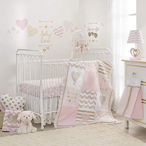 Product Cover Lambs & Ivy Baby Love 6-Piece Girl Crib Bedding Set Pink/Gold/White Hearts/Stripes/Chevron