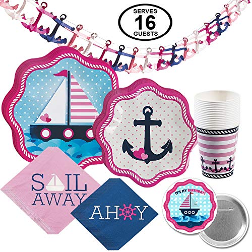 Product Cover Nautical Ocean Summer Boat Birthday Party Supplies for Girls Large Tableware Pack for 16